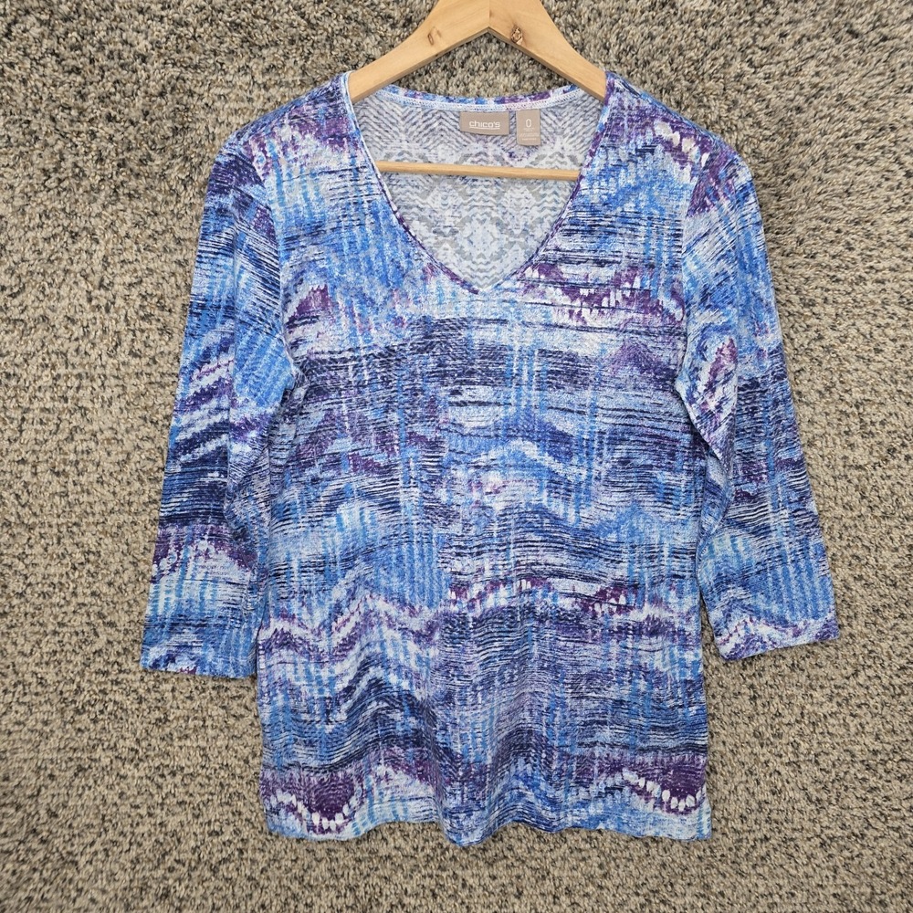 Chicos Top Womens 0 US Small Blue V Neck Burnout Oversized Tee Casual Ladies